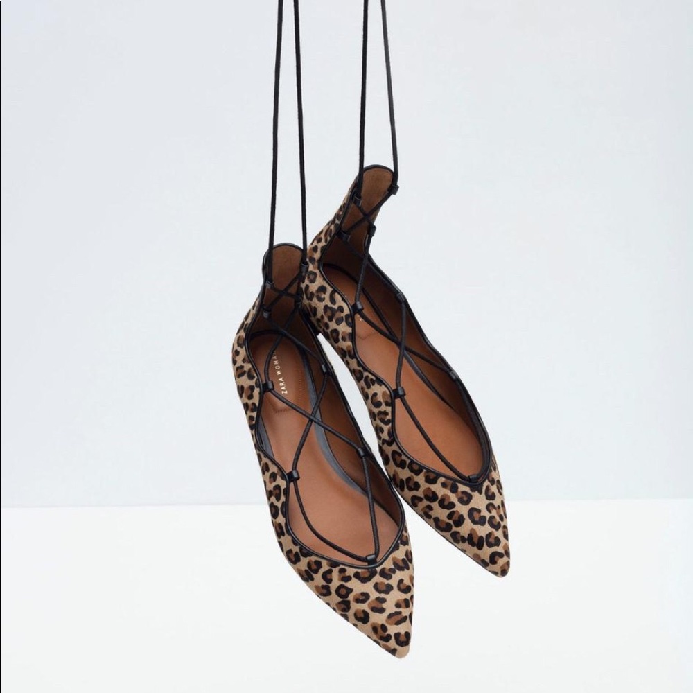 Zara Leopard  Lace Up Ballerina Ballet Flats